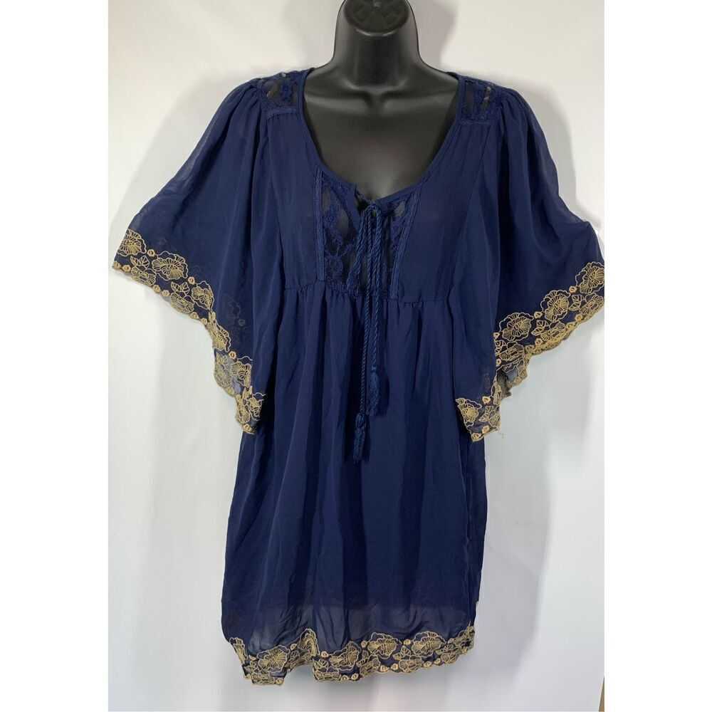 Flying Tomato Women's Short Bell Sleeves Lace Tassels Tunic dress Navy Blue Medi